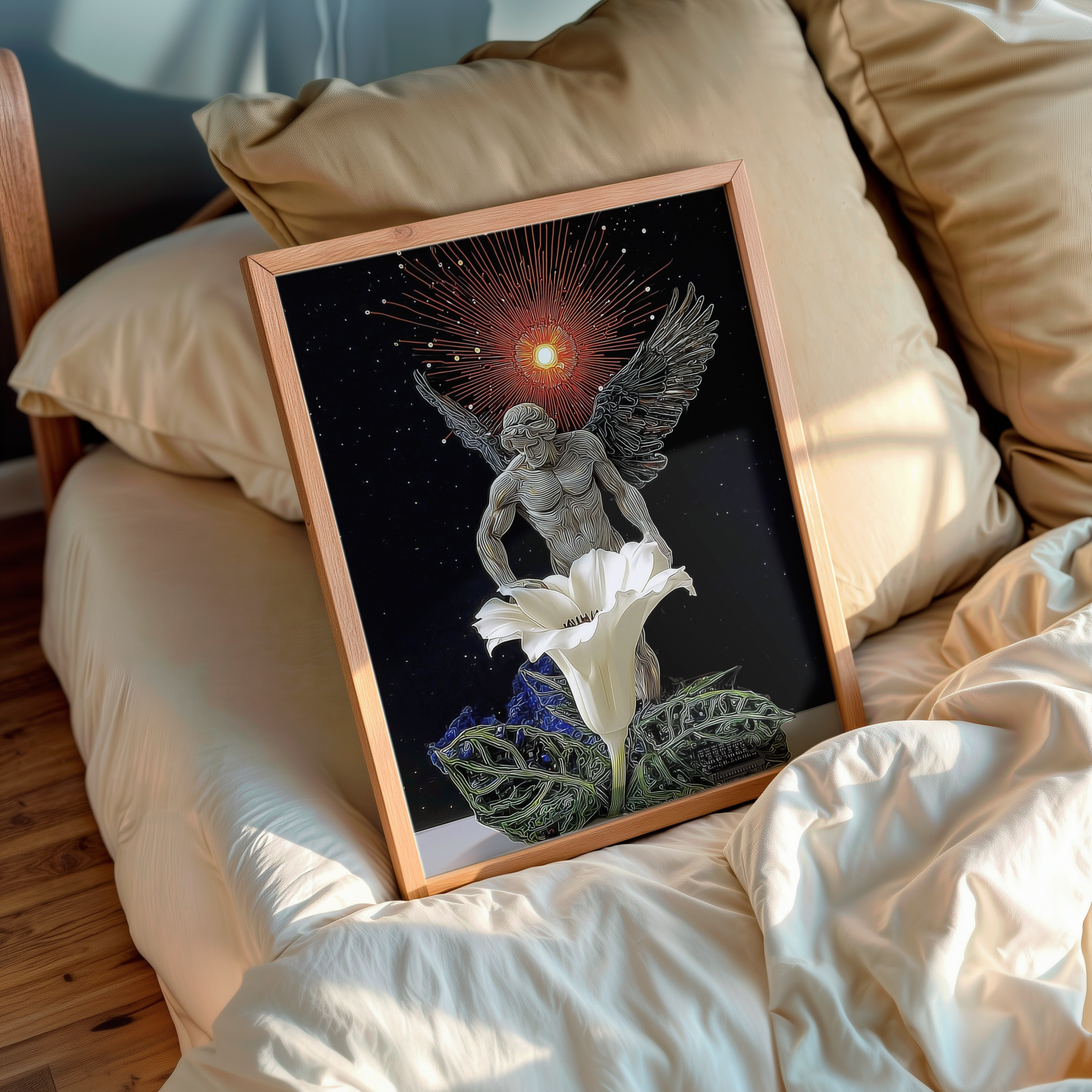 Guardian of the Cosmic Flower – Cosmic wall art in living room setup